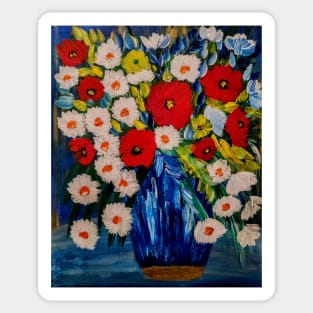 Some fun and bright poppies and mixed flowers in different vibrant colors in a glass vase Sticker